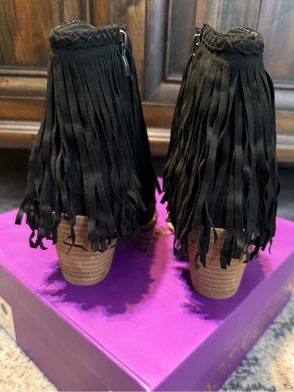 BEAST FASHION Black Suede Fringe Ankle Booties - Picture 3 of 5